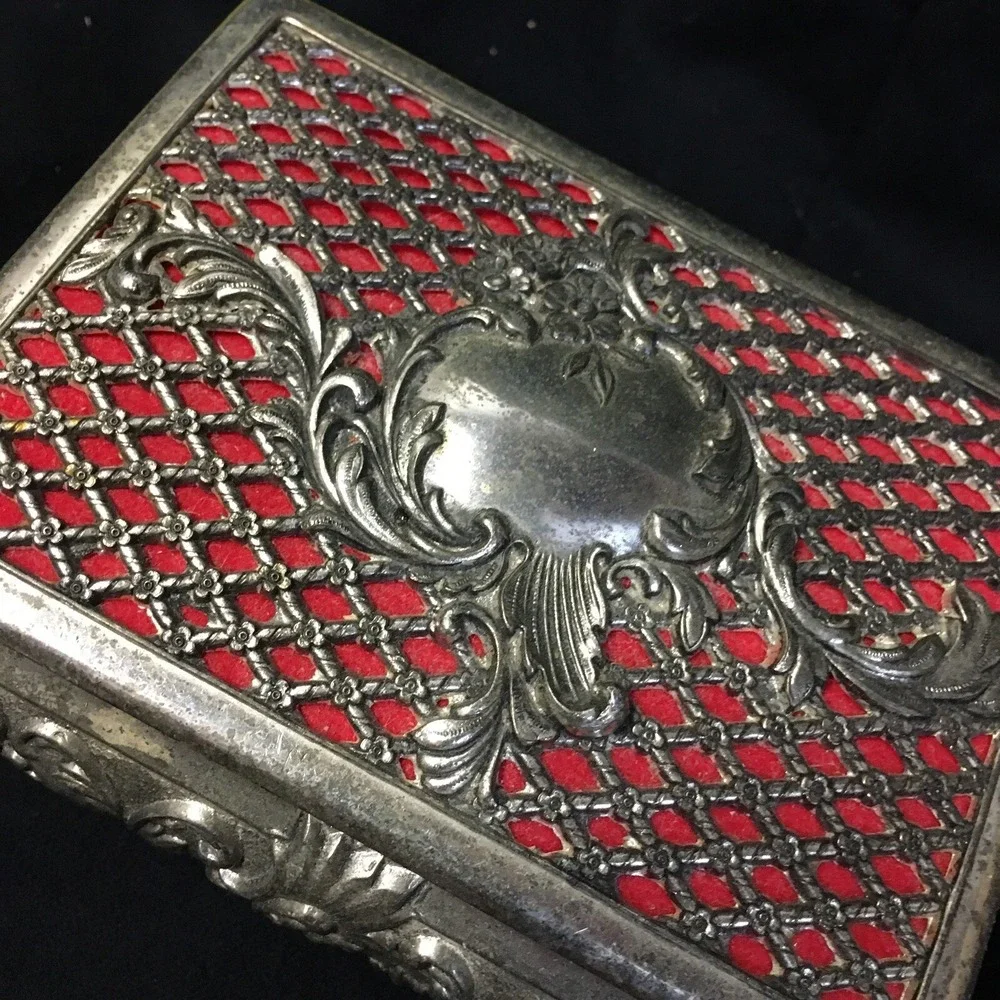 VTG Footed Metal Jewelry Trinket Box Silver Tone Filigree Red Velvet Lined Japan